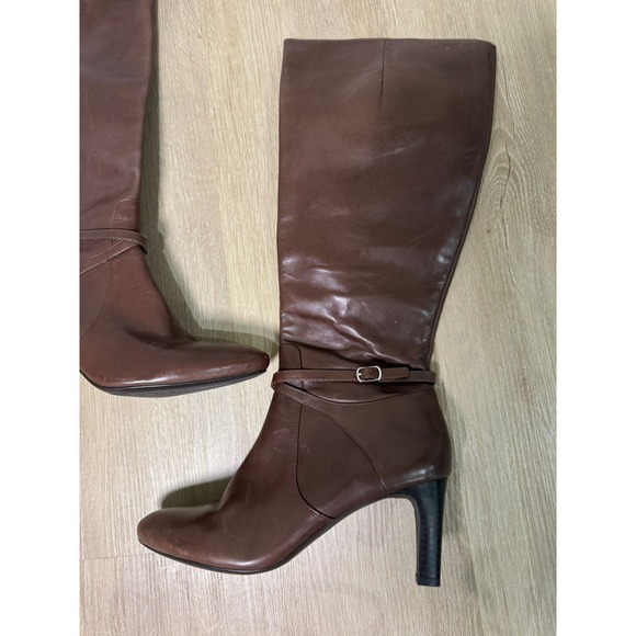 Ralph Lauren Dk Brown Burnished Calf Leather Becca Heels Wide Calf Boots 8.5 - Picture 10 of 10